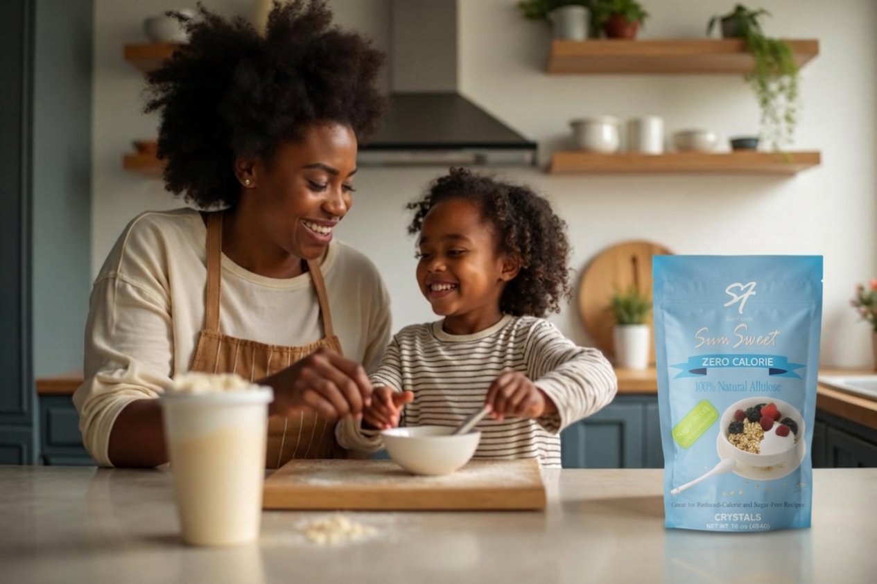 A mom and daughter baking together with SumSweet